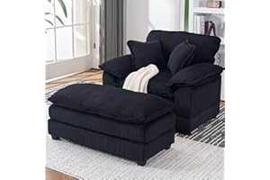 LuxyHoom 56.3'' Oversized Chaise Lounge Indoor, Wide Corduroy Single Sofa Chair with Ottoman, Plush Upholstered Deep Seat, Lazy Sleeper Sofa for Living Room, Apartment, Salon, Home Theater, Black