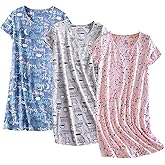 PNAEONG 3 Pack Women's Cotton Nightgown Sleepwear Short Sleeves Shirt Casual Print Sleepdress