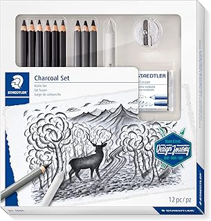 STAEDTLER Kohle Set, Komplett-Set mit 3 Premium Kohlestiften, 5 Premium Künstlerbleistiften, 1 Papierwischer, 1 knetbarer Künstler-Radierer, 1 Spitzer und Step-by-Step Anleitungen, 61 100C