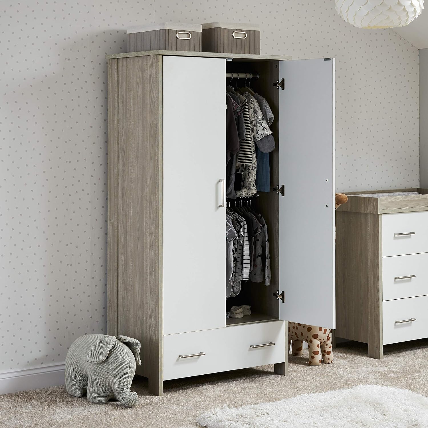 Obaby Nika Double Wardrobe - Grey Wash & White, Nursery Storage with Hanging Rail & Shelves, 85 cm (W) x 50 cm (D) x 170 cm (H) - Image 5