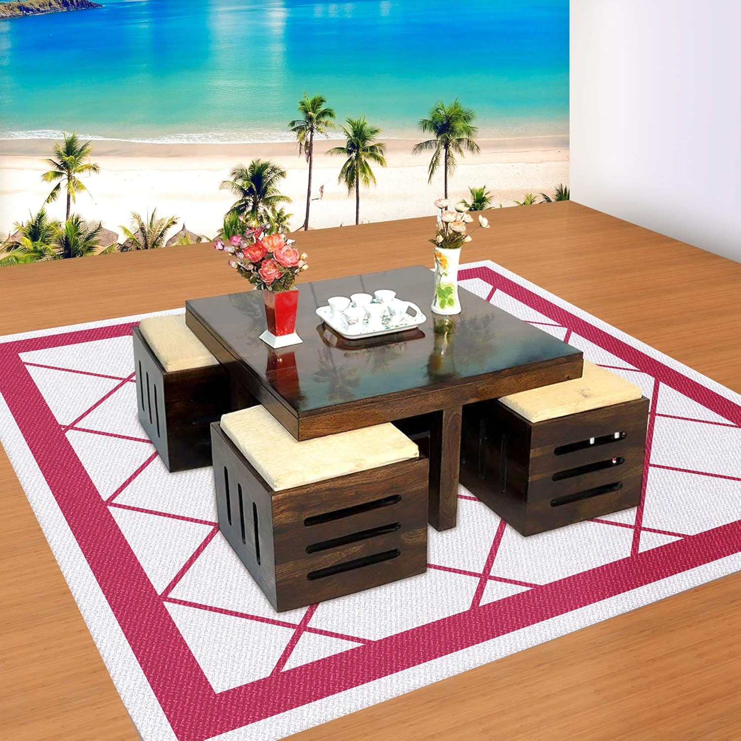 Cherry Wood Sheesham Wood Center Coffee Table with 4 Stool for Living Room (Walnut Finish)