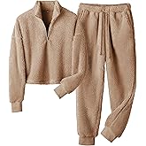LTSCNRM Womens Winter Fleece Pajama Set Cozy 2 Piece Zip-Up Top & Lounge Pants Fluffy Warm Sleepwear with Pockets