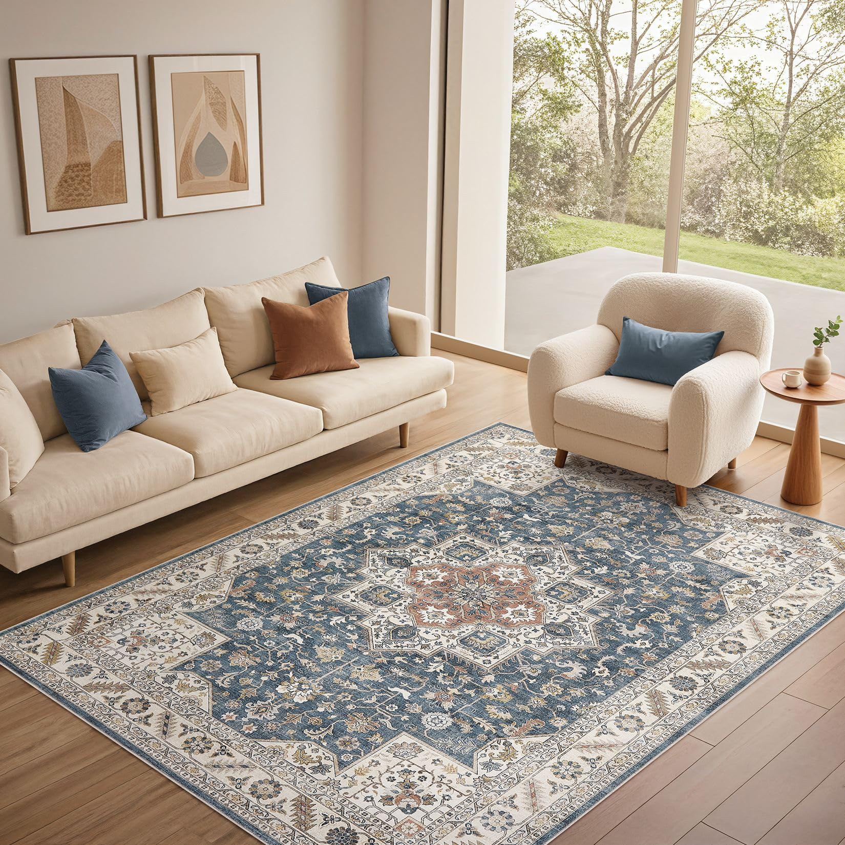 Area Rug for Living Room: 5x7 Soft Washable Rugs Vintage Non-Slip Silicone Backing Stain Resistant Carpet for Bedroom Dining Room or Home Office Decor - Vintage Blue