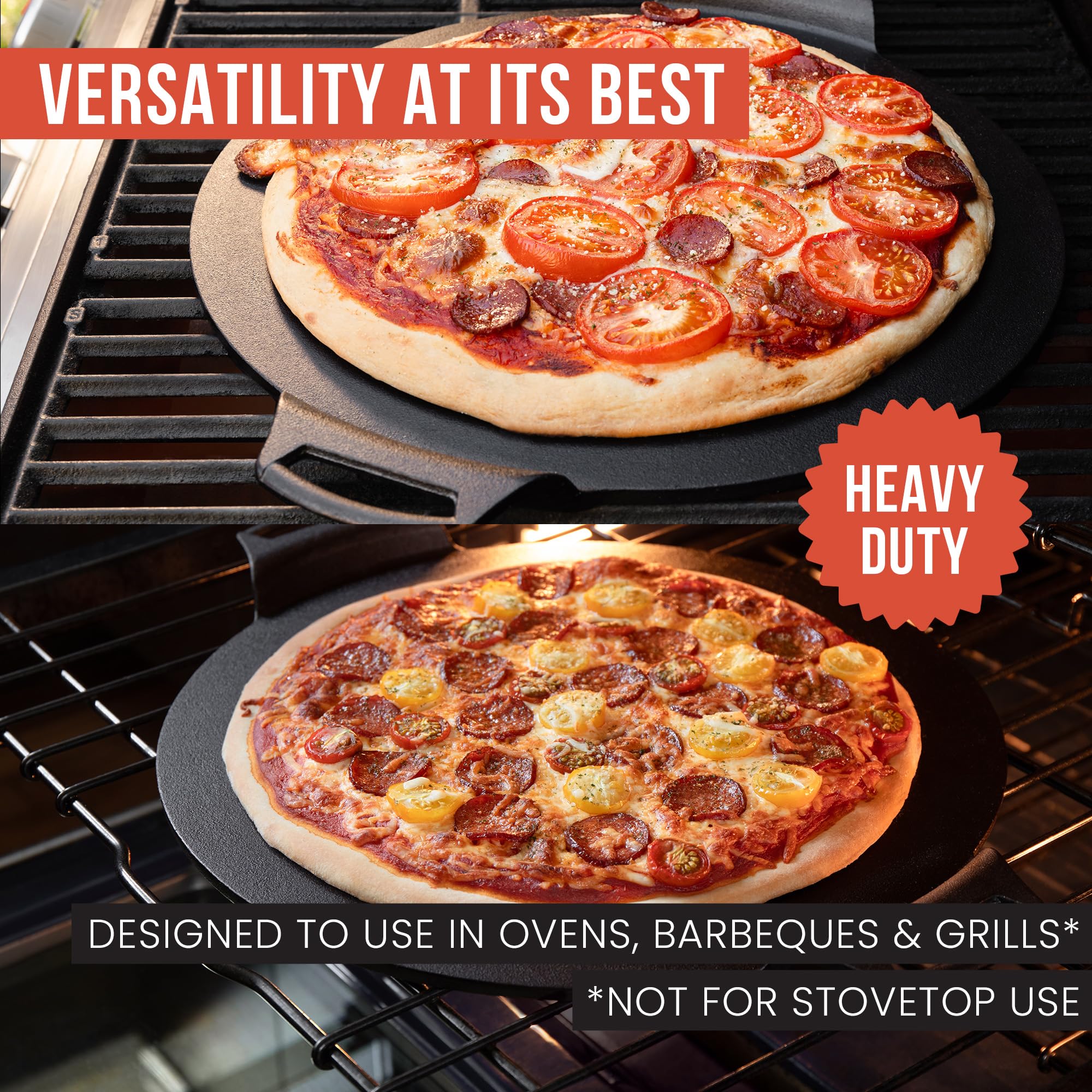 Chef Pomodoro Cast Iron Pizza Pan, Pre-Seasoned Dosa Pan with Handles, Flat Pan for Oven, Round Griddle for Dosa Tawa Roti, Comal for Tortillas, Baking Stove, Oven, Grill BBQ and Campfire (15-inch)