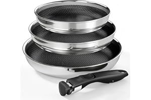 Kitchen Academy Detachable Handle Skillet Set, 3-Piece 8/9.5/11 Inch Non-Toxic Stainless Steel Frying Pans for Small Space, D