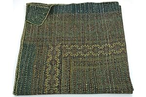 Sophia-Art California King/King/Twin Size Bohemian Hand Block Ajrak Vintage Print Bedspread Kantha Blanket Bed Cover, Sofa Cover Hand Stitch Throw Quilt (Green, Twin 6090 Inches)