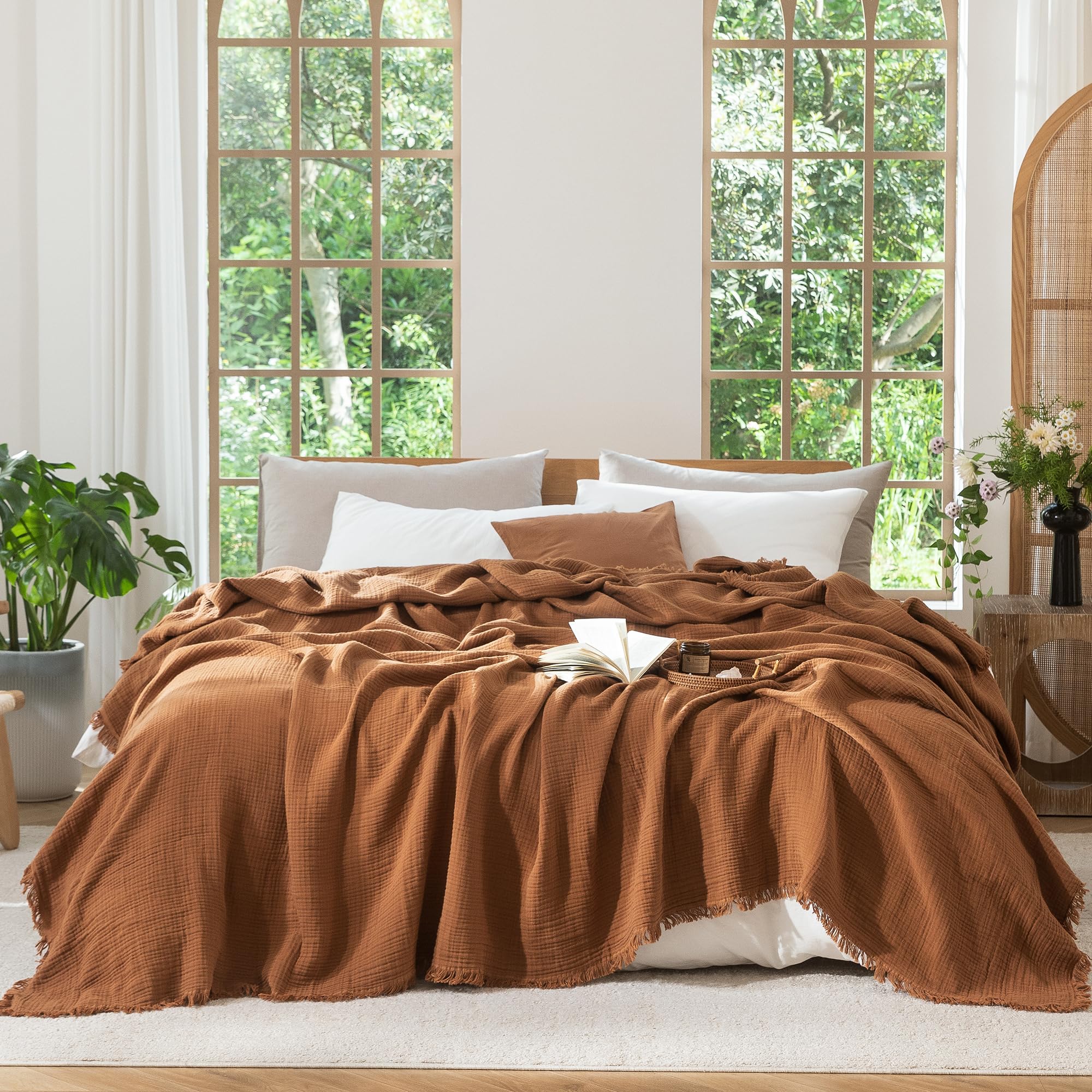 Photo 1 of MooMee Muslin Blanket - 100% Cotton 4-Layer Gauze Throw Blanket with All-Around Fringe, Ultra-Soft Breathable Lightweight Cooling Decorative for Bed, Sofa & Couch (Drak Orange,King 104" x 90")