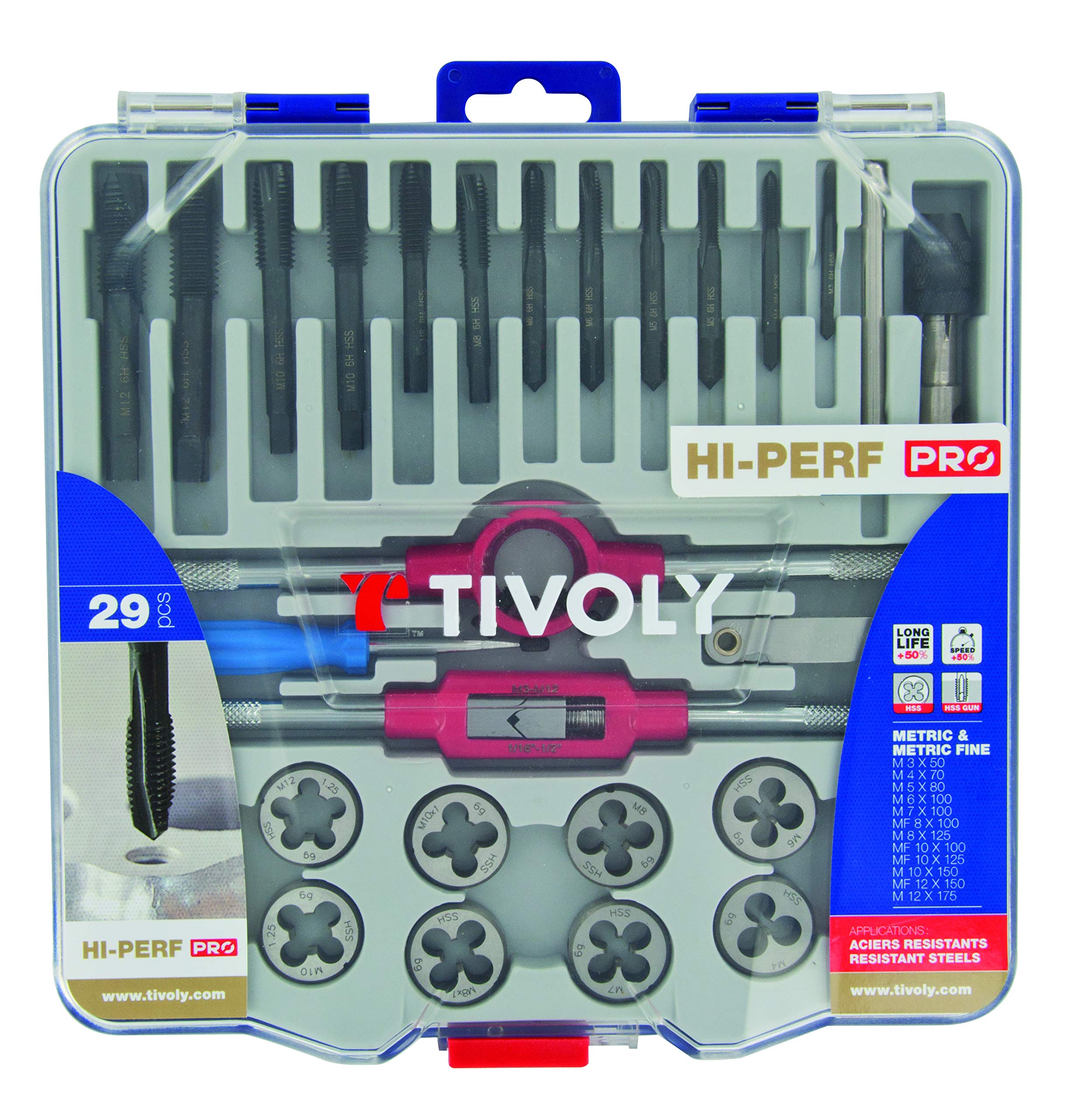 Tivoly 11900870017 MTF29 Case 29 Pieces DIN 352 Gun Taps + 12 HSS Die + 4 Accessories M3 to M12