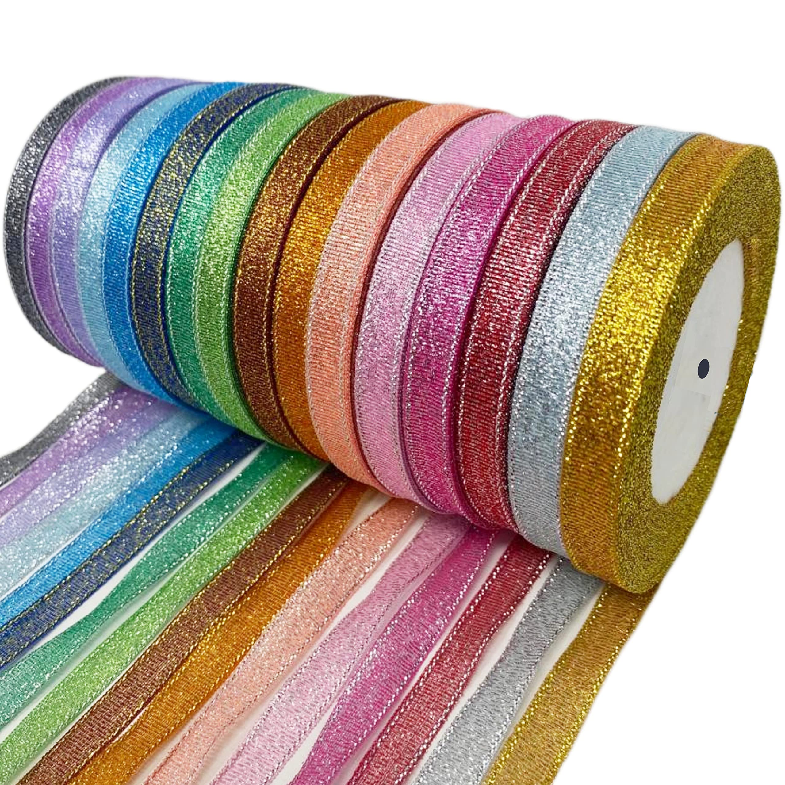16 Colours Sparkly Glitter Ribbon, Metallic Ribbon - 10mm X 25 Yards per roll - Thin Glitter Ribbon for Gift Wrapping, Sewing, Cake Ribbon, Hair Ribbon, Ribbon for Crafting, Gold and Silver Ribbon