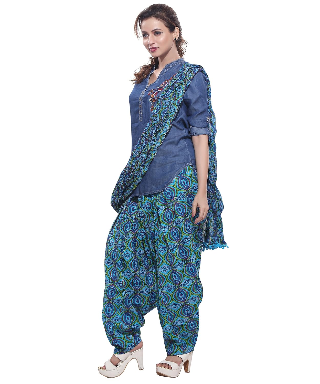 jublee women's printed blue patiala with dupatta set