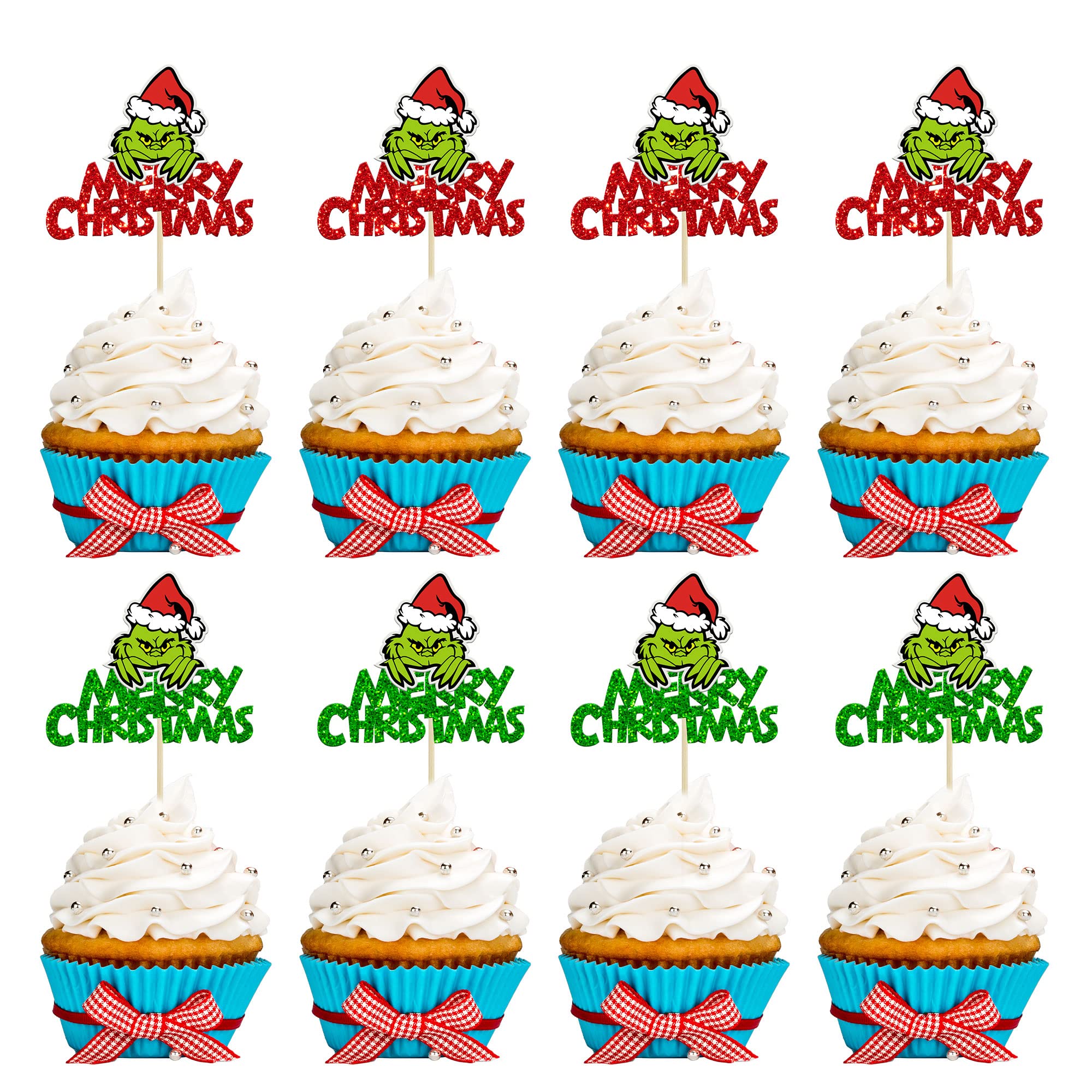 Gyufise 24Pcs Gch Christmas Cupcake Toppers Glitter Red Green Merry Christmas Drink Up Gres Cupcake Picks Merry Xmas Holiday Theme Birthday Party Cake Decorations Supplies