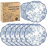 Kochorie 100 Pieces Blue Floral Paper Plates 9 Inches Disposable Blue and White Flower Scalloped Plates Vintage Floral Dinner Dessert Decorative Plate for Wedding Baby Shower Birthday Party Supplies