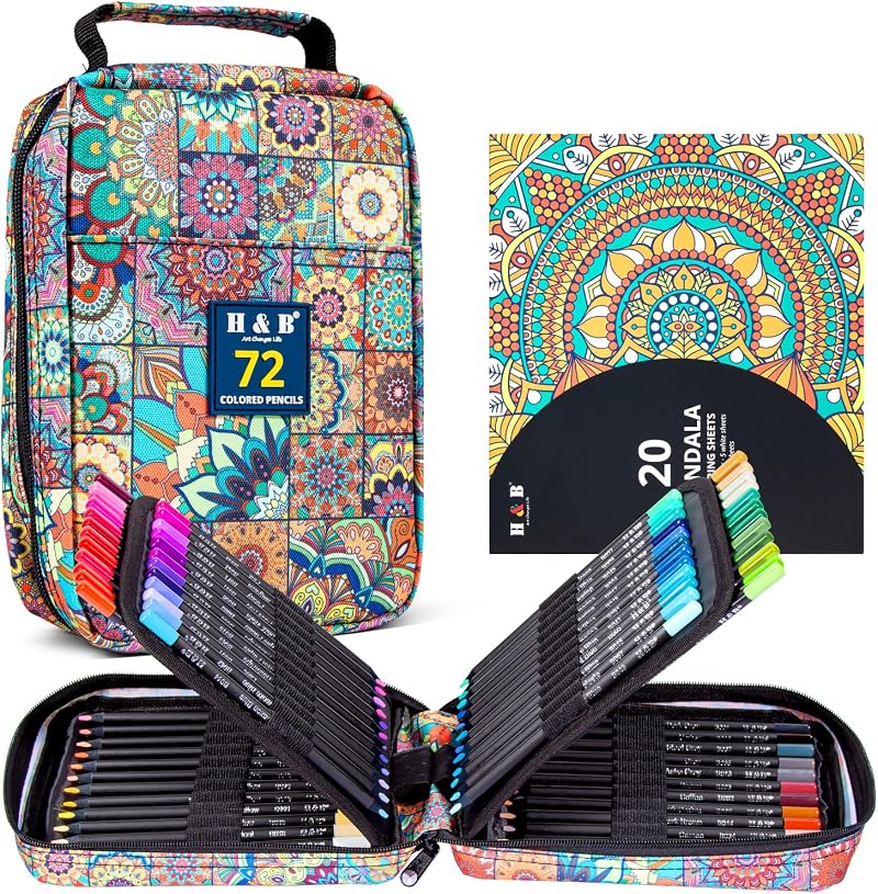 H & B 72PC Colouring Pencils with Portable Zipper Bag, Gift Set