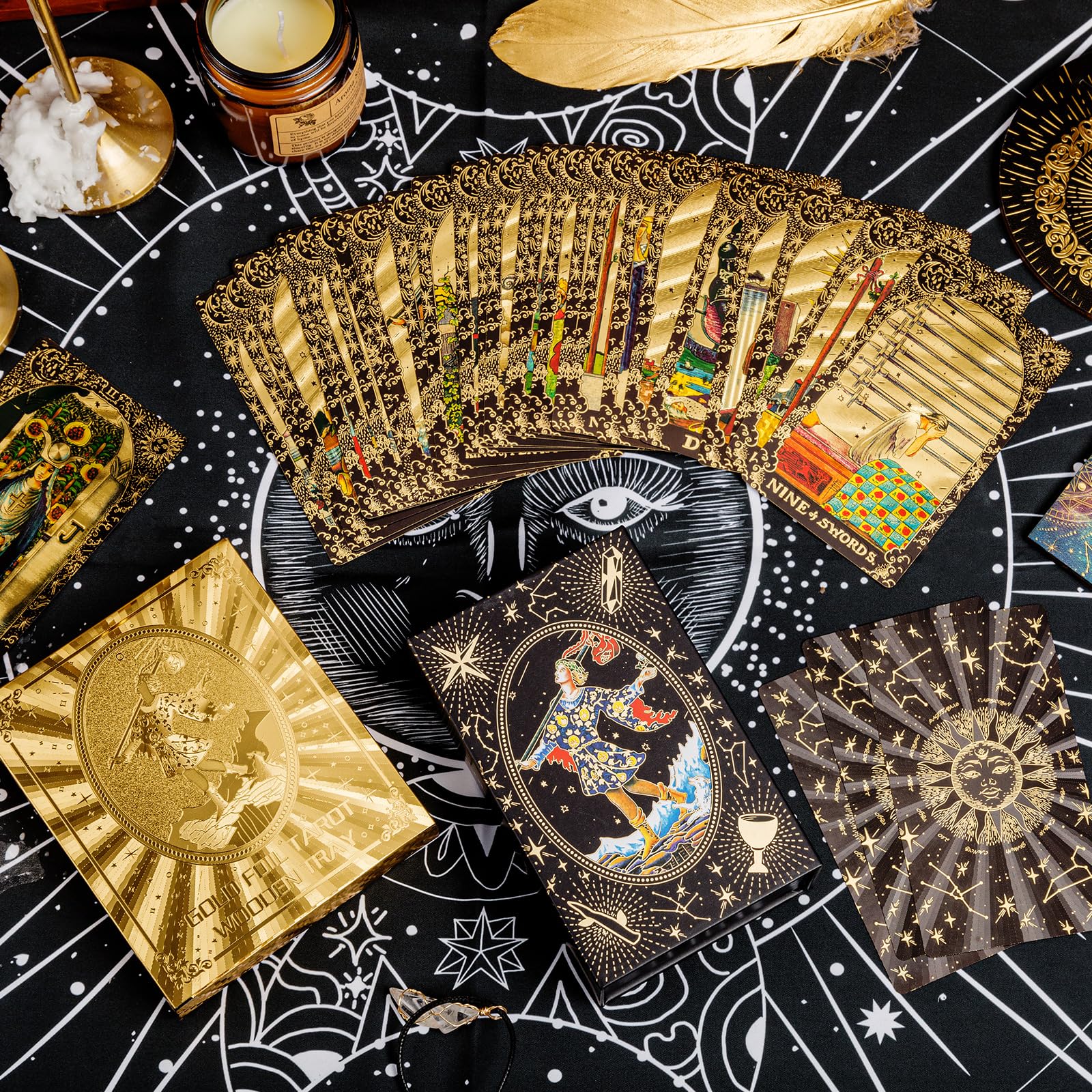 Tarot Cards with Guide Book, 80PCS Gold Tarot Cards Set with 4Pcs Wooden Tarot Card Holder, Waterproof Tarot Deck/Fortune Telling Game Craft Cardboard for Beginners