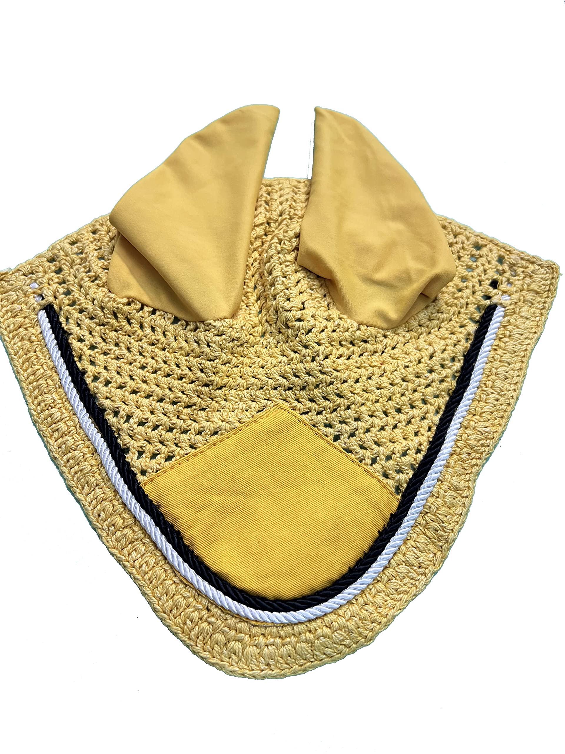 Spire Horse Soft Crochet Fly Veil Breathable Cotton Ear Net Hood Horse fly Control Masks Protector Bonnets (Pony, Yellow/Black-White)