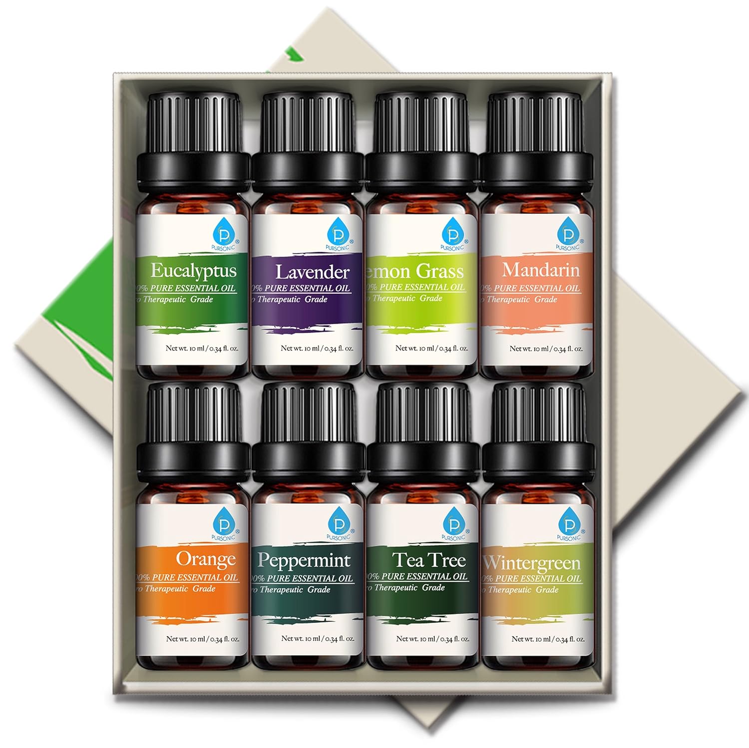  :Pursonic 100% Pure Essential Aromatherapy Oils Gift Set-8 Pack, 10ML Eucalyptus, Lavender, Lemongrass, Mandarin, Orange, Peppermint, Tea Tree & Wintergreen : Beauty