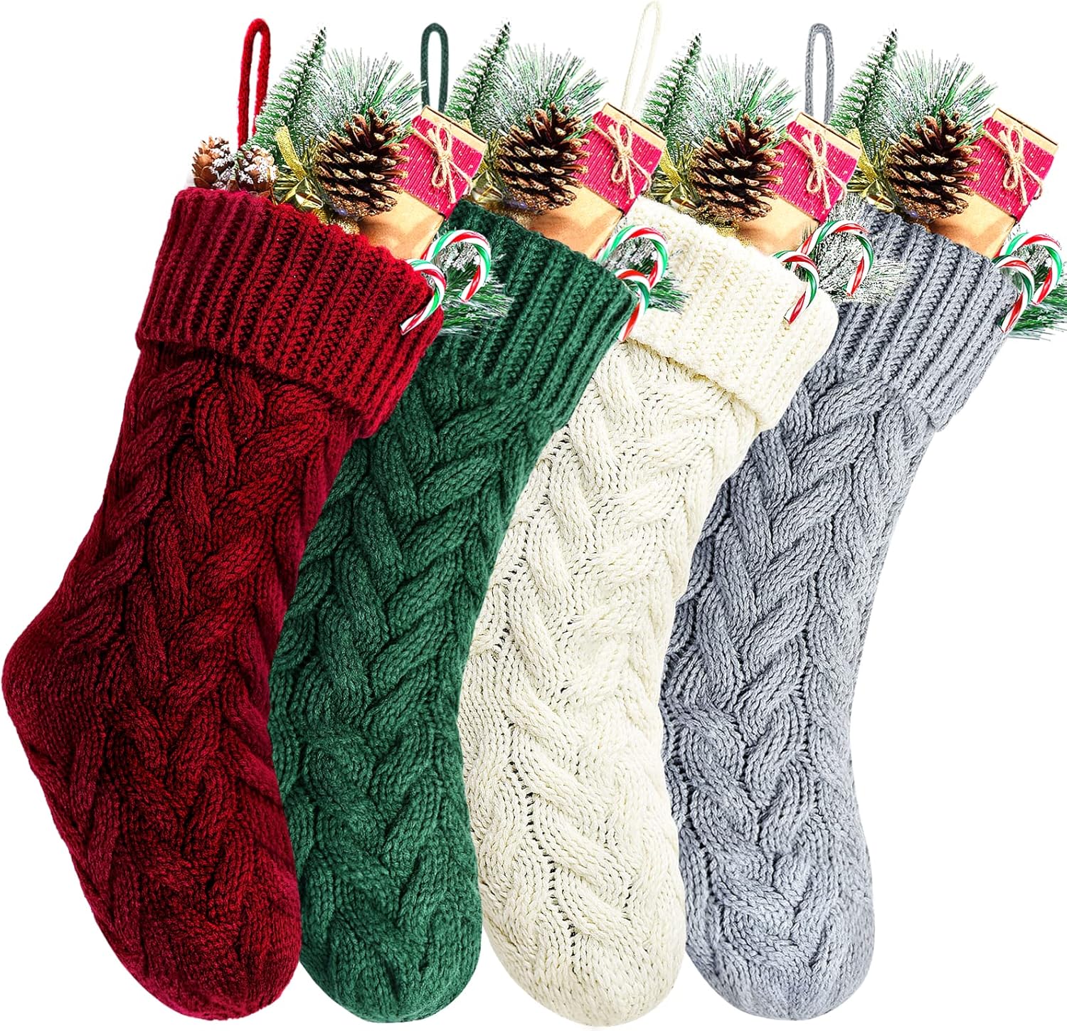 Stockings & Holders - Kunyida Pack 4,18 Inches Burgundy, Green, Ivory, Gray Knit Christmas Stockings