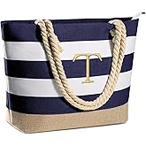 YOOLIFE Initial Canvas Waterproof Beach Tote Bag Zipper Personalized Gifts for Women Her Birthday Travel Beach Essential