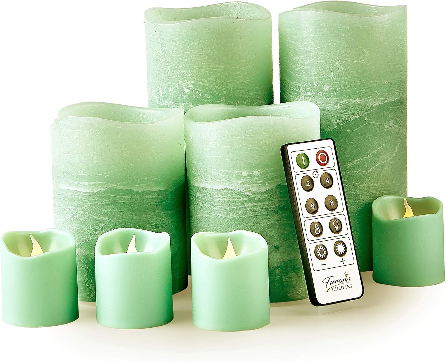 LED Flameless Candles Set of 8 Real Wax Candles with Remote Control 10 Keys and Timer 2/4/6/8 Hours (Batteries Included) Green