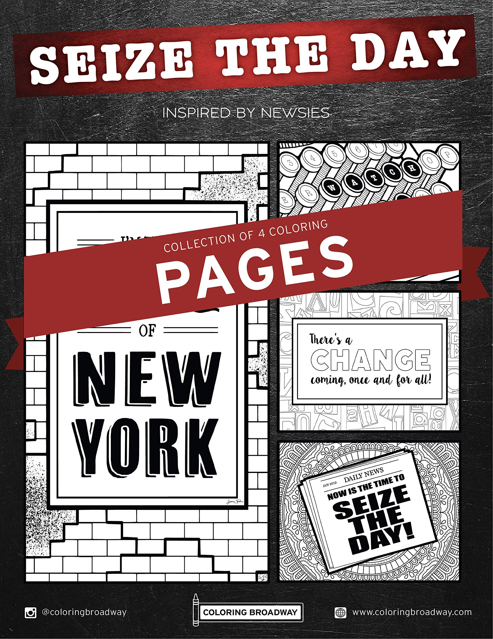 Coloring Broadway - Newsies Inspired Coloring Pages (Set of 4) “Seize The Day” Collection, Broadway Musical Merchandise, Printed on Matte Card Stock (8 1/2” x 11”), Ideal Gift for a Broadway Lover