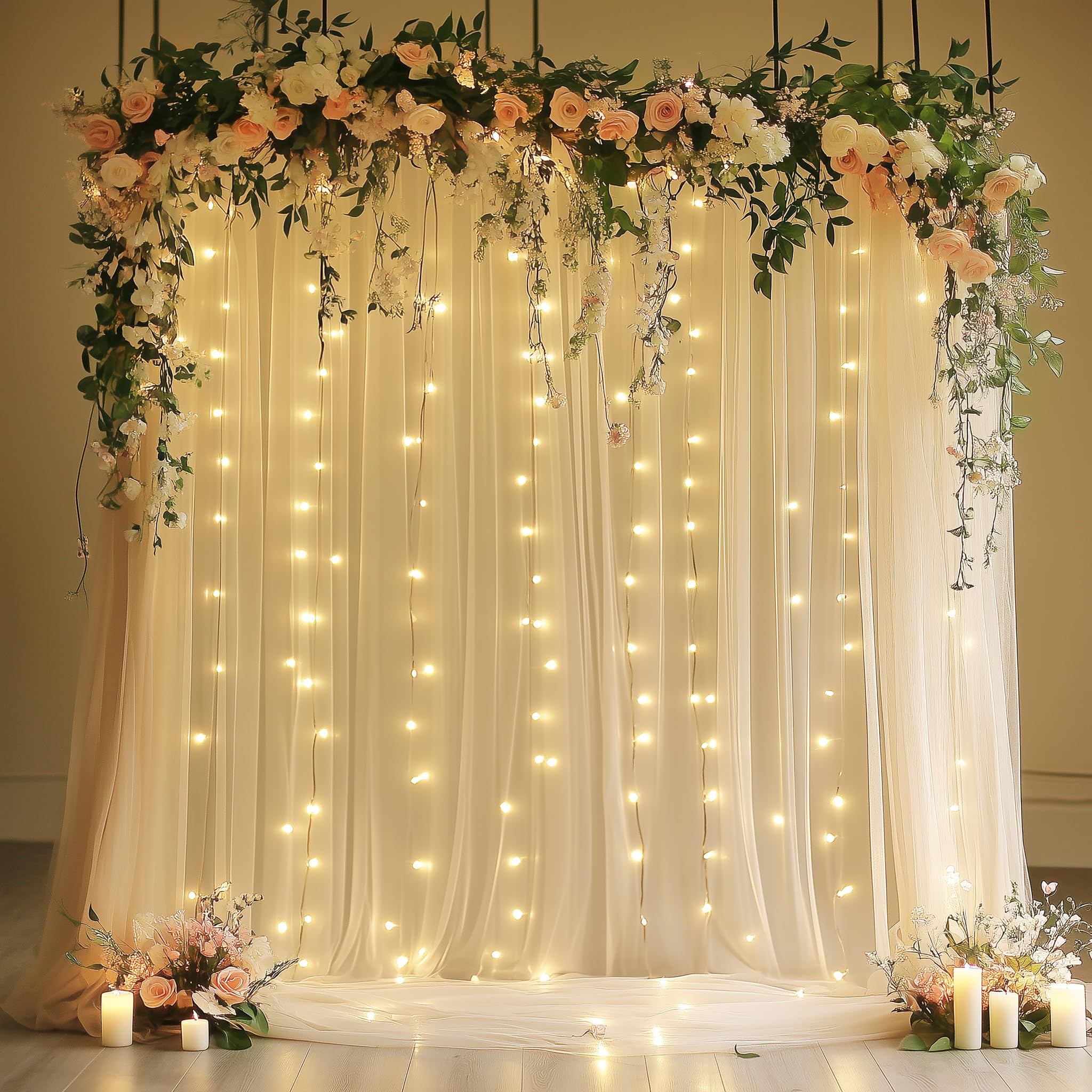 Photo 1 of Xiomot Tulle Backdrop Curtain with Lights String 10FT X 10FT Champagne Sheer Tulle Backdrop Curtains for Wedding Birthday Party Reception Photo Booth Background Decorations (2 Panels 5x10FT)