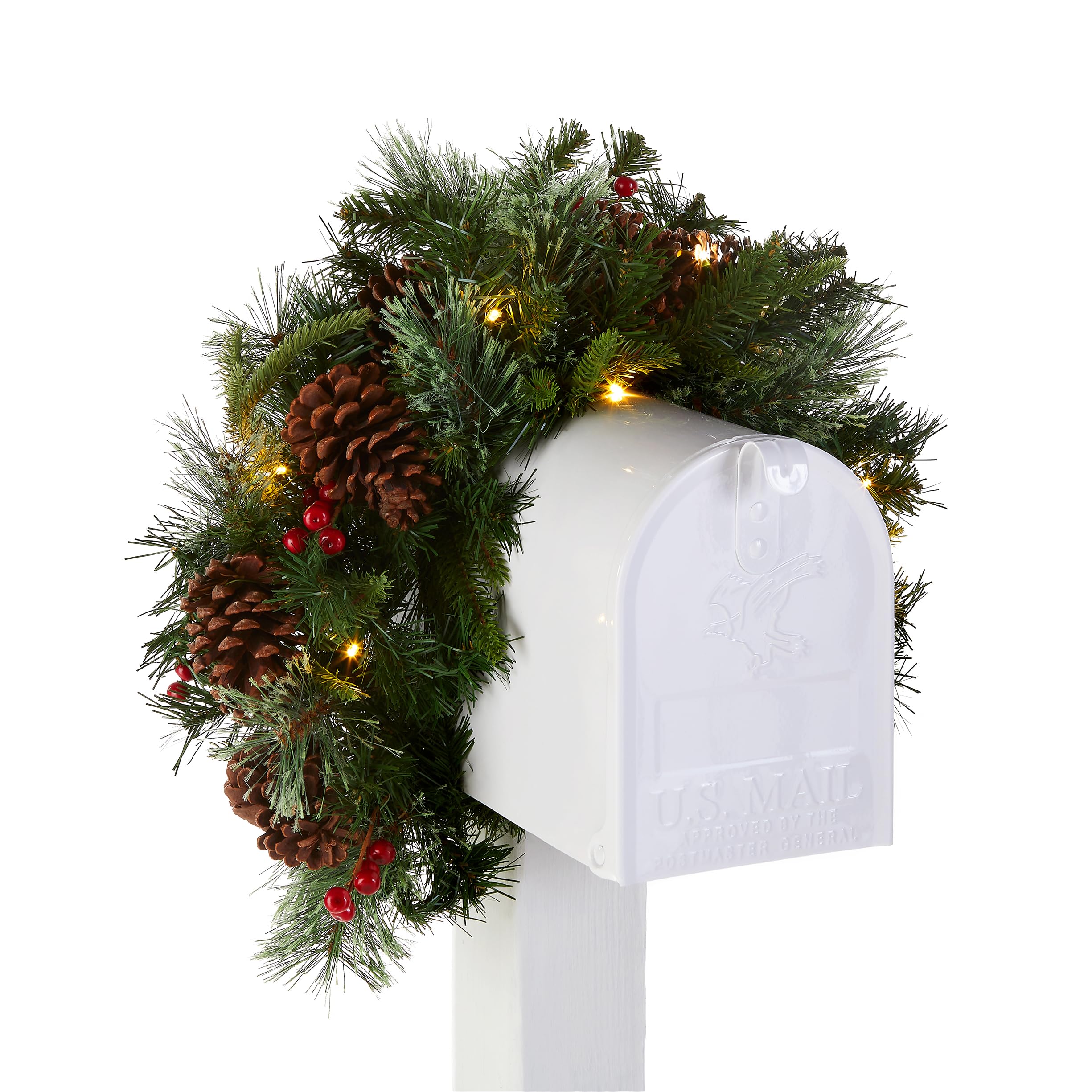 National Tree Company 36 in Pre-Lit Colonial Fir Artificial Christmas Mailbox Swag, Christmas Decoration with Red Berries, Pinecones, 15 Clear LED Lights, 120 Tips, Timer, Green