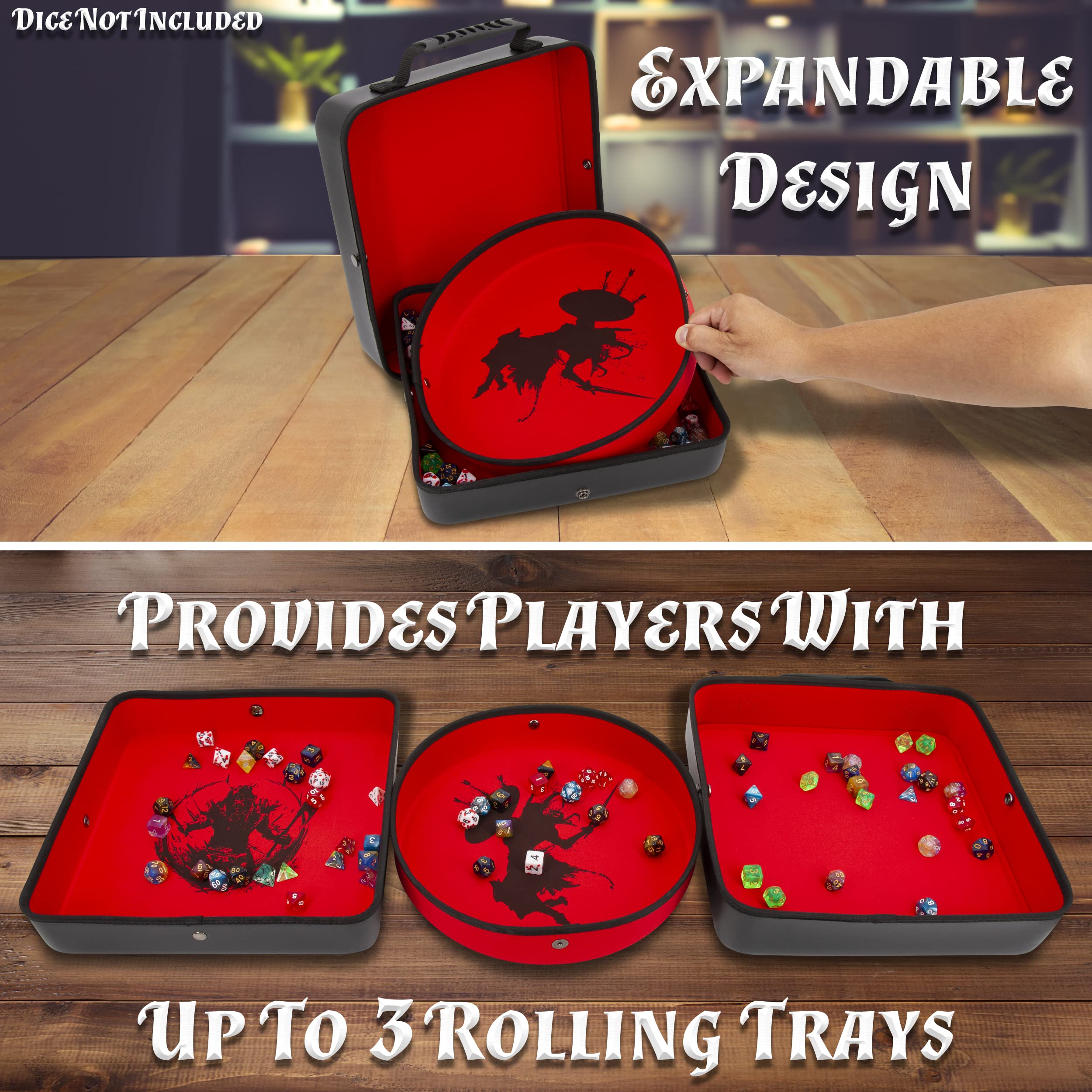 CASEMATIX XL Dice Tray and DND Dice Holder Travel Case for Up to 700 RPG Dice - Expanding Design with 3 Dice Rolling Tray Arenas, Embossed PU Leather Exterior and Printed Dice Trays