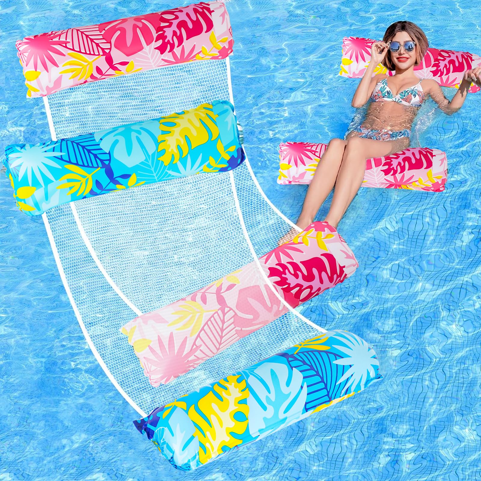 130cm Inflatable Pool Floats Hammock 2 PCS 4-in-1 Multi-Purpose Float Bed Raft Recliner Beach Hot Tub Mat (Saddle, Chair, Hammock, Drifter) Swimming Chair, Pool Inflatable for Adults and Teens