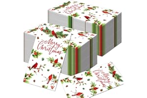 YYBD 100Pcs Christmas Paper Napkins Rectangle Disposable Xmas Lunch Napkins Xmas Robin on Winter Branch with Berry Napkin Xma