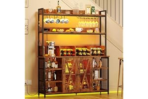 IRONCK Coffee Bar Cabinet with Power Outlet, Industrial Buffet Cabinet with LED Strip and Glass Holder, 3-Tiers Liquor Cabinet Bar for Home, Dining Room, Kitchen, Vintage Brown