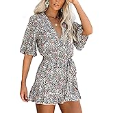 Relipop Women's Summer Romper Floral Print V Neck Flared Half Sleeve Elastic Tie Waist Ruffle Casual Rompers Jumpsuits