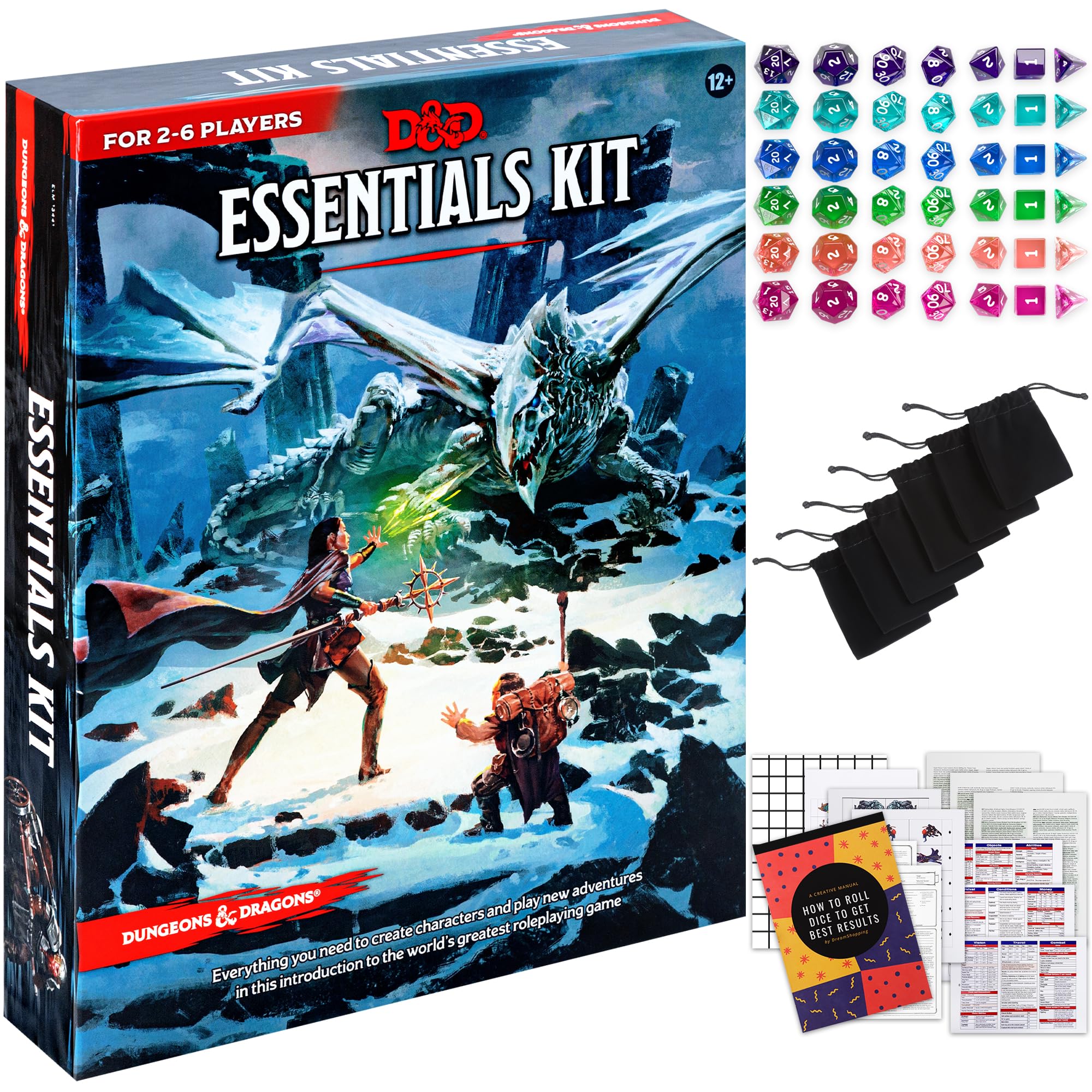 Photo 1 of Dungeons and Dragons Essentials Kit - Starter Set Bundled with 6 Dice Sets, Flannel Bags, Figures, Heroes, Master Screen, Printable Materials - DND 5th Edition Tabletop Board Game for Beginner