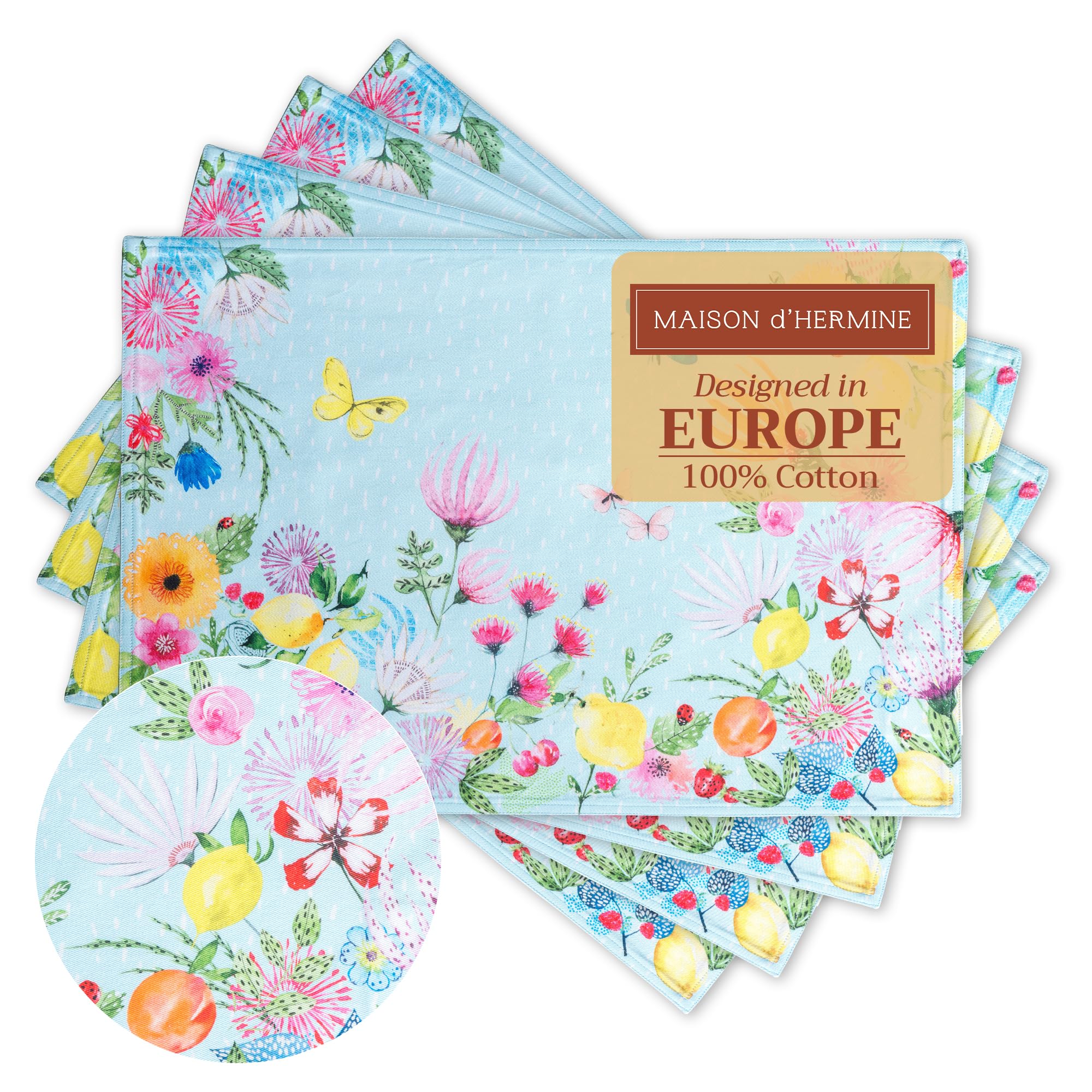 Maison d' Hermine Placemats Set of 4 100% Cotton Washable Reusable Table Mats for Home Kitchen Dining Party Wedding Restaurant Gifts for Mothers Day (Jardin D'Ete - Mint, 33 CM x 48 CM)