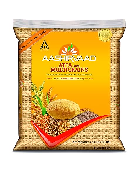 ITC AASHIRVAAD WHOLE WHEAT FLOUR WITH MULTIGRAINS, 10LB., 4.54KG. EXPORT PACK