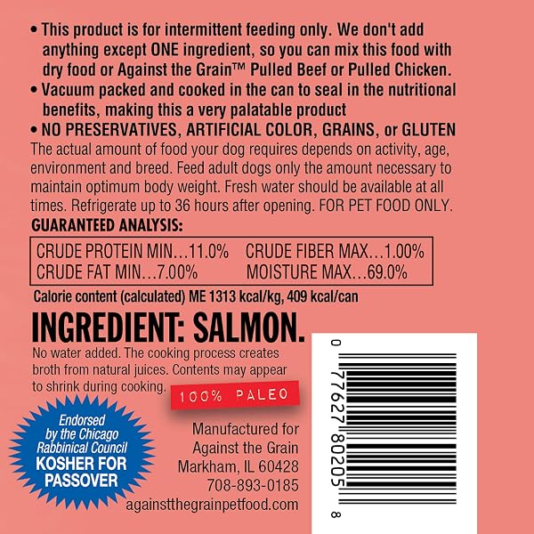 AGAINST THE GRAIN NOTHING ELSE! 100% SALMON DOG FOOD – 11 OZ EACH – SINGLE-INGREDIENT MEATBALL TEXTURE IN NATURAL BROTH – WET DOG FOOD – GRAIN & GLUTEN FREE