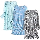 Inadays 3 Pack Women's Cotton Nightgown Sleepwear Long Sleeves Nightshirt Fun Print Sleepdress Loose Comfy Sleepshirts
