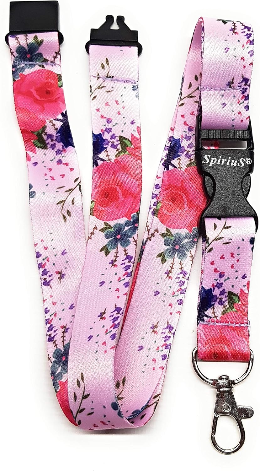 SpiriuS Safety Breakaway Lanyard Neck Strap for id Card Badge Holder with Metal Clip 2cmx43cm Original Design (Flowers in Pink)