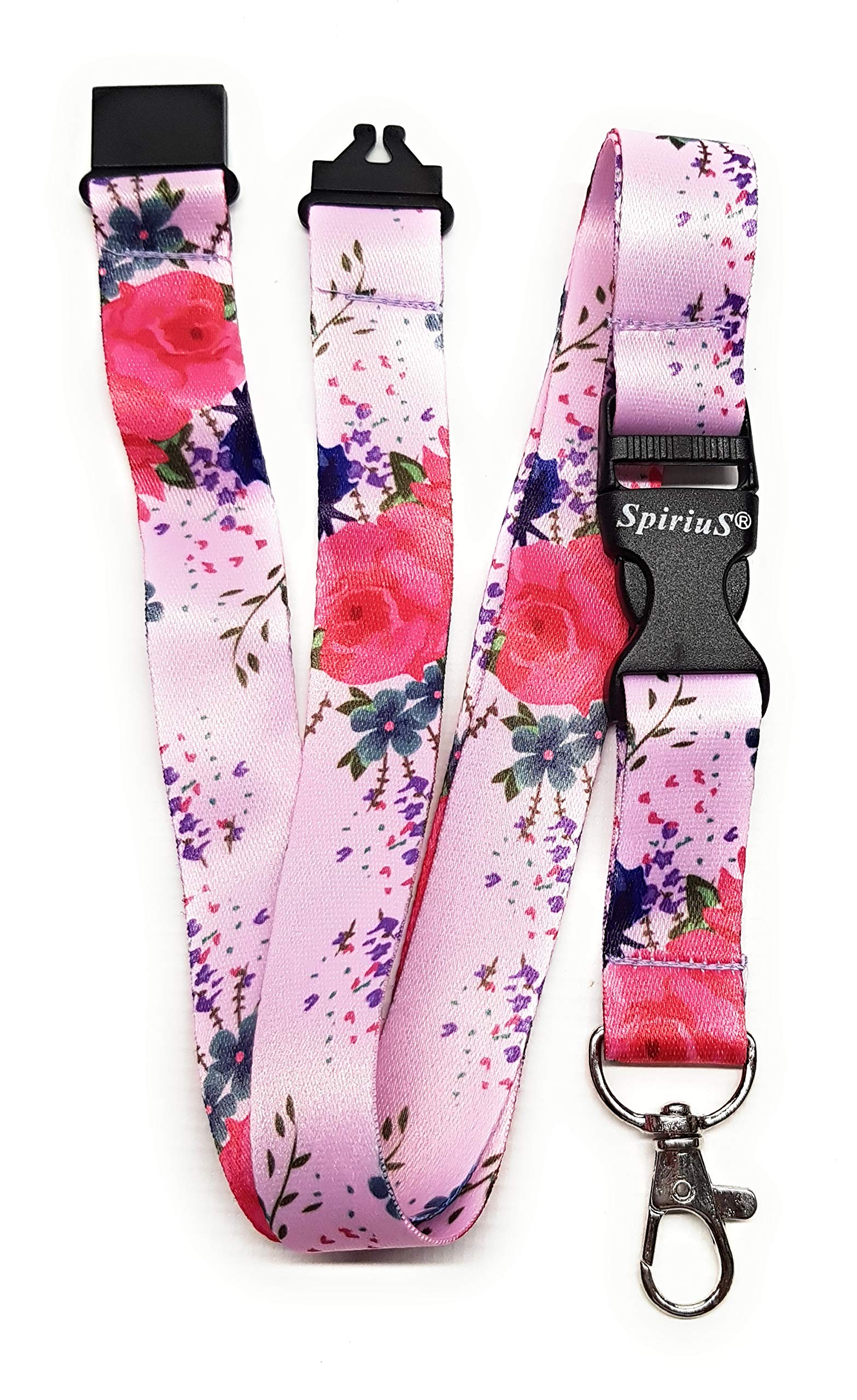 SpiriuS Safety Breakaway Lanyard Neck Strap for id Card Badge Holder with Metal Clip 2cmx43cm Original Design (Flowers in Pink)