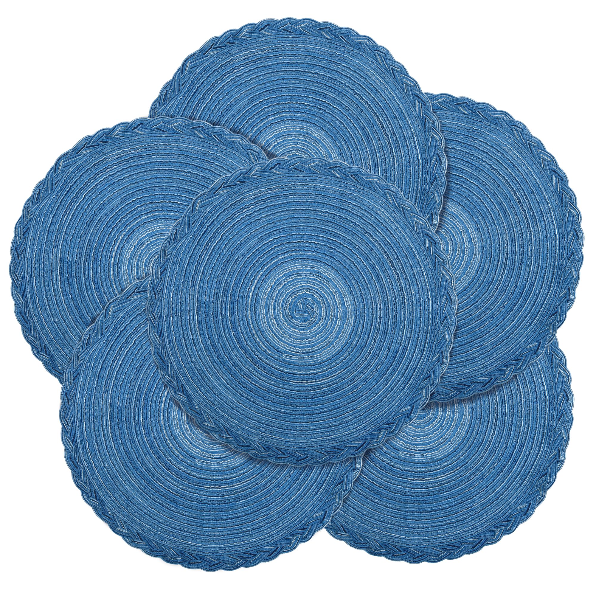 fanquare Elegant Blue Placemat Set of 6, 38 cm Round Cotton Braided Place Mat, Non Slip Heat Resistant Washable Table Mat for Kitchen Dinner Table Christmas