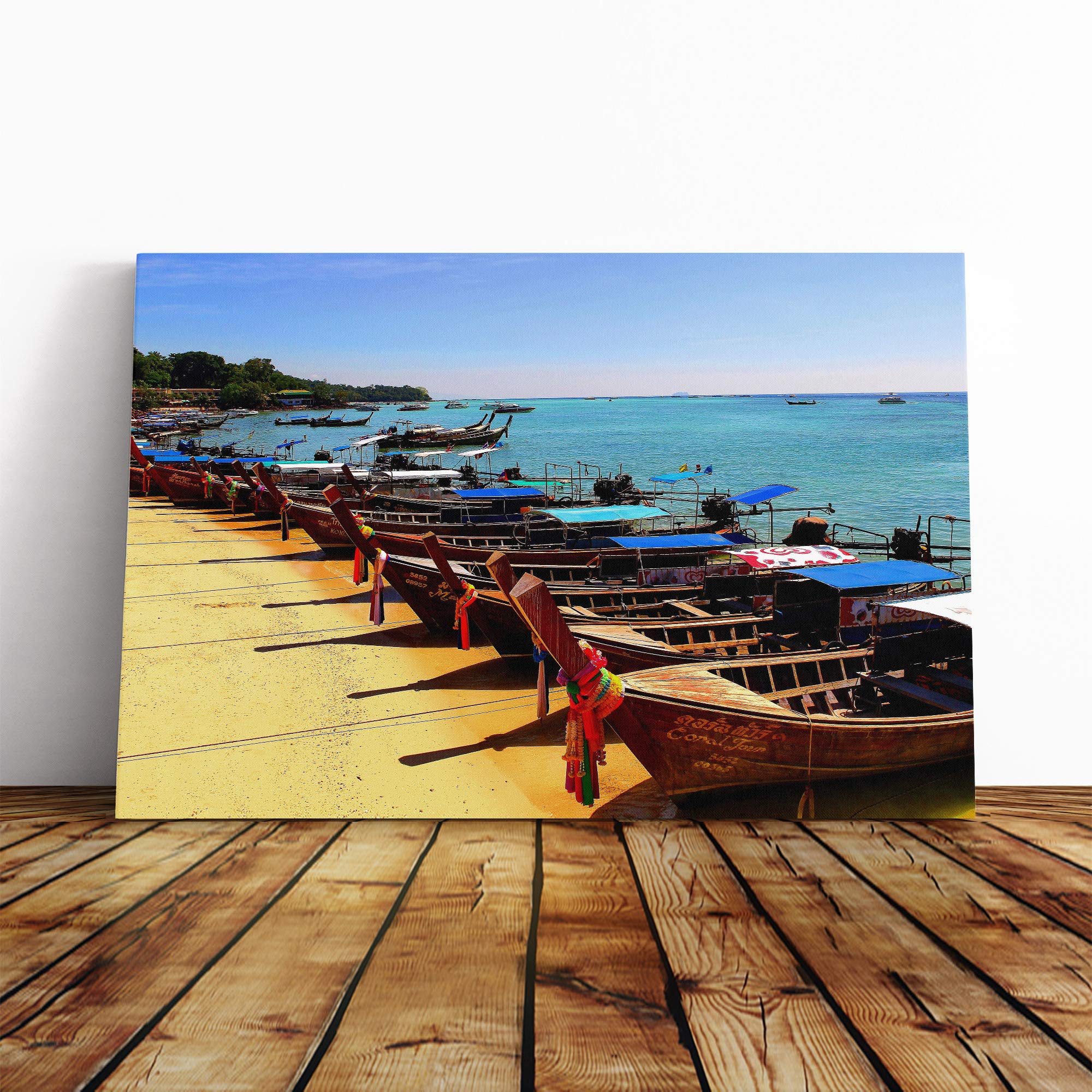 KOH Phi Thailand Boats Beach and Seascape Canvas Print | Gallery Wrapped 30mm Frame Wall Art | 20x14 inches | Ready to Hang | Coastal Seascape Picture | Living Room Bedroom Lounge Office