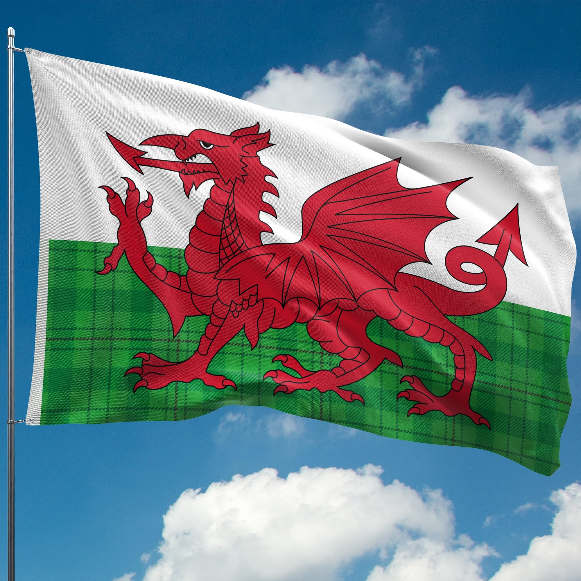 Welsh Flag Tartan - Wales Flag - Wales Dragon - Double-sided Digital Print - 110Den Thick polyester - Double Seam - 2 brass eyelets, large 5ft x 3ft