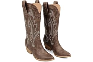 Zzheels Women Mid-calf Cowboy Boots Pointy Toe Boot Embroidered Western Cowgirl Boots Chunky Heels