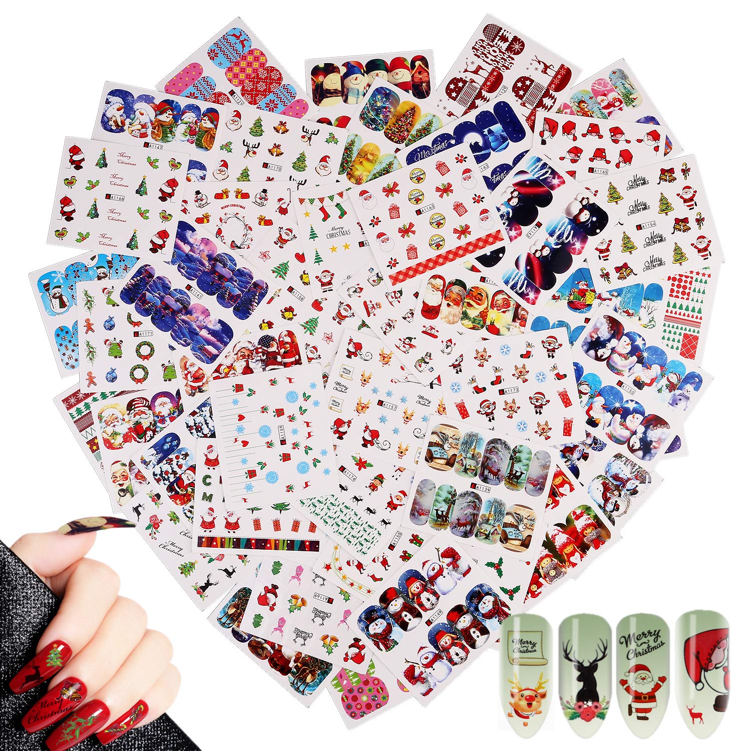 48 Sheets Christmas & New Year Theme Nail Art Stickers Decals,MWOOT Nail Water Transfer Sticker with Santa Claus Reindeer Xmas Tree Snowman for DIY Nail Tips Decoration