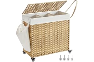 SONGMICS Laundry Hamper with Lid, 37 Gallons (140 L), Rolling Laundry Basket with Wheels, 3-Section Synthetic Rattan, Removable Liner, Bedroom, 26 x 13 x 26 Inches, Natural ULCB363N01