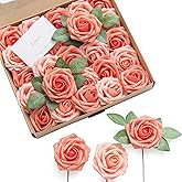 Ling's moment Artificial Flowers 25Pcs Deep Coral Roses Decor w/Stems,3" Real Touch DIY Foam Floral for Wedding Bouquet/Centerpieces, Outdoors Party Backdrop, Room/Table, and Garden/Pot Decorations