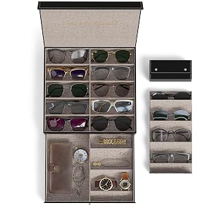 Maison Soleil 10 slots Multiples Glasses Case Organizer-Sunglasses Case for Woman Men with 2 traveling Sunglass Holder Cases-