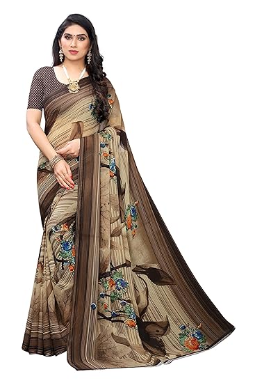 Womens Brown Color Chiffon Printed Saree With Blouse (INDU BROWN_Free Size)