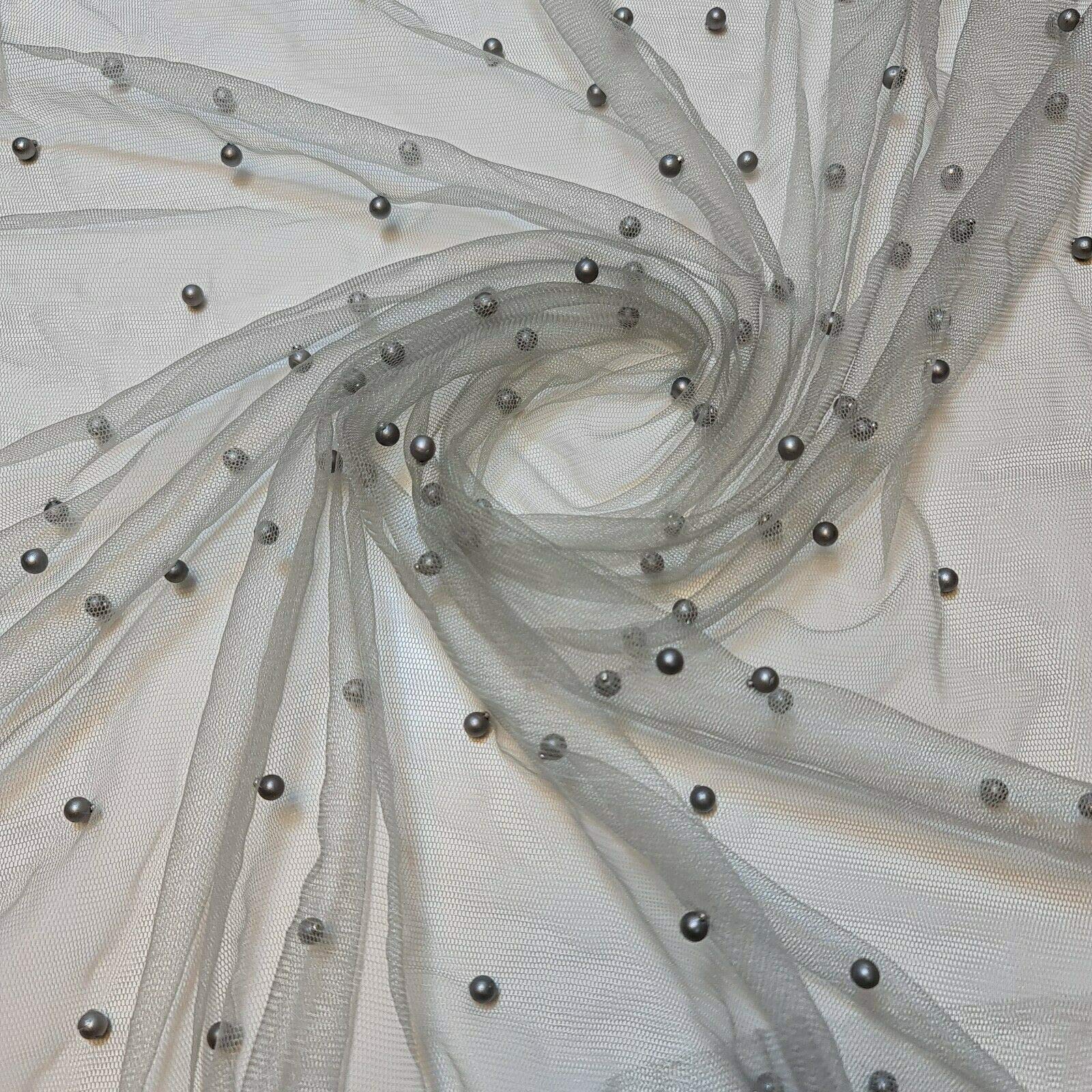 Textile Station 58" Wide Tulle Beaded Pearl Lace Net Fabric Bridal Veil Wedding Backdrop Décor Available in 25 Colours (Marl Grey, 2 Meter)