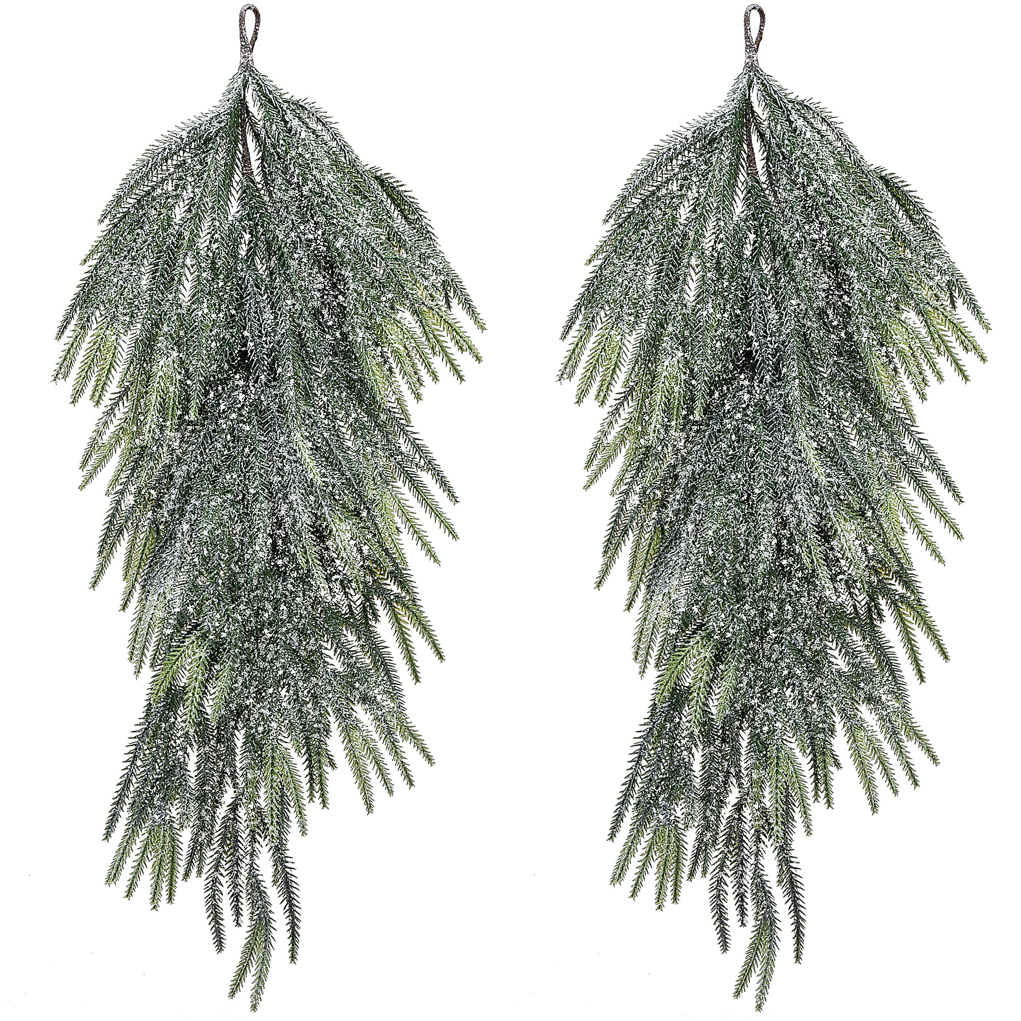 Photo 1 of 2 Pcs Artificial Christmas Snow Teardrop Swag, 28" Faux Glitter Snow Flocked Norfolk Pine Teardrop Door Swag, White Frosted Real Touch Pine Wreath Staircase Swags for Xmas Door Mantle Fireplace Decor