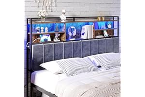 Hzuaneri Headboard with 3-Tier Storage Shelves, Velvet Upholstered Head Board with 2 Outlets, USB Ports & LED Light, Soft Backrest for King Size Bed Rustic Brown and Black BH19401B